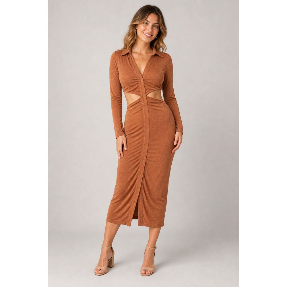 Mable Women's Size M Rust Orange Cutout Waist Button Front Midi Bodycon Dress